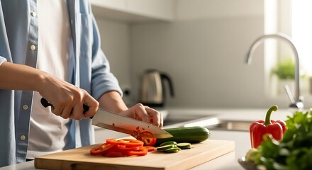 Person chopping fresh vegetables on a wooden cutting board in a bright kitchen