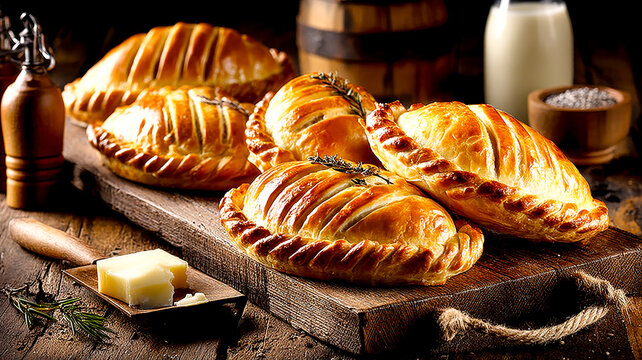 Homemade baked cornish pasties or empanadas with a golden crust on a rustic wooden cutting board. - Powered by Adobe