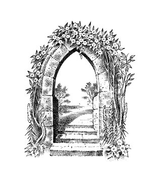 Gates or doors or portal. Template for wine or alcohol label. Old Vintage engraving streets fragments. Part of the building on the background of nature. Hand drawn sketch.