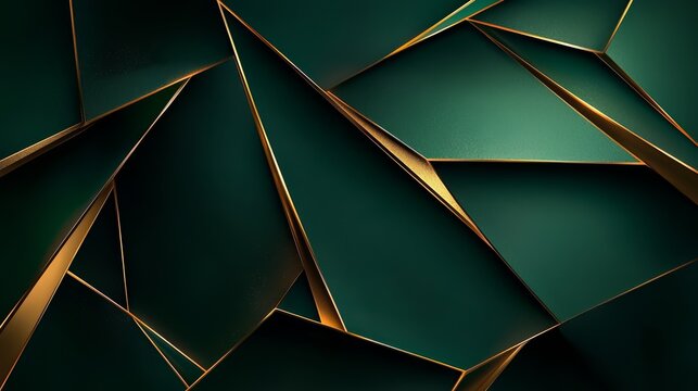 Green and gold abstract design with a lot of triangles. The design is made up of many small pieces that are all different sizes and shapes. Scene is one of complexity and sophistication