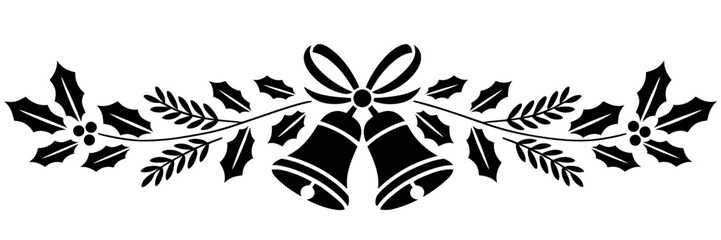 Black Silhouette Christmas bell and holly leaf vector border with ribbon accent, festive decorative divider on transparent background for holiday greeting and winter design use