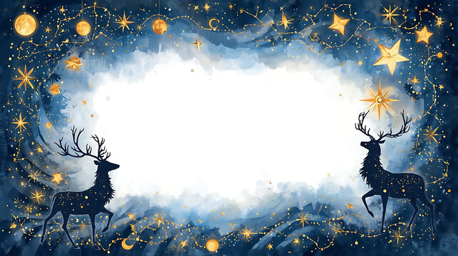 Enchanting winter holiday frame with reindeer silhouettes and sparkling gold stars, perfect for magical Christmas or New Year's greeting cards and festive invitations - Powered by Adobe