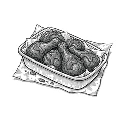 Crispy Fried Chicken Drumsticks in Tray – Vintage Food Engraving Illustration