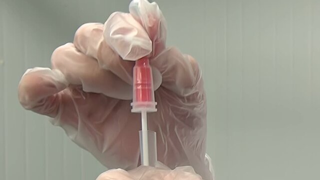 Inside a laboratory, a doctor with gloved hands prepares a specimen collection device. A small amount of red liquid is inside. The device is for medical testing.