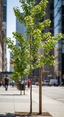 Naklejka premium Young tree standing on sidewalk in urban cityscape 