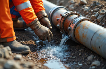 Worker in orange overalls and gloves inspects a broken underground pipe. Water leaks onto the soil from the cracked pipeline joint. Repair job in progress on infrastructure.