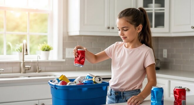 Young girl recycling cans in bright kitchen during daytime - Powered by Adobe