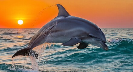 Fototapeta premium Dolphin jumping out of ocean during sunset with vibrant sky 