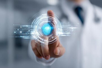 Doctor using digital fingerprint scanning technology for secure access and identity verification in a futuristic medical environment with advanced interface design