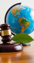 Gavel and globe with leaf emphasizing environmental justice and global law