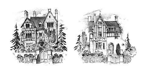 Scandinavian architecture, German style, half-timbered houses, 18th century. Timber framing. Vector landscape Ink sketch of the street. Hand drawn vintage illustration for book. Medieval European town