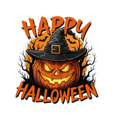 Happy Halloween T-Shirt Graphic with Evil Pumpkin and Witch Hat Logo