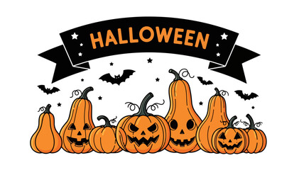 Halloween Banner with Vector Set of Spooky and Plain Pumpkins
