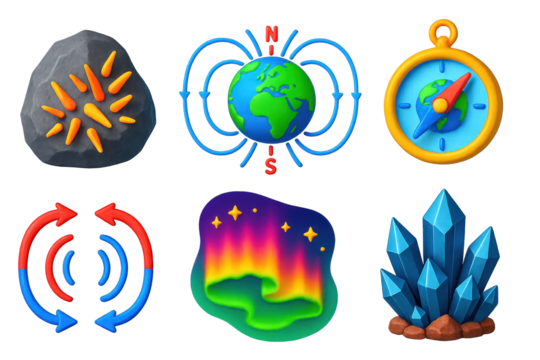 Magnetism Icon Set. 3D icon set of natural magnetism: lodestone rock, Earth magnetic field, compass with globe, magnetic pole