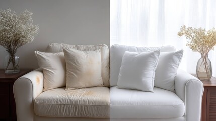 Sofa with visible stain and after professional cleaning, home care and furniture maintenance.