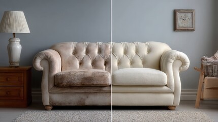 Before and after professional stain removal from sofa, cleaning and upholstery restoration concept.