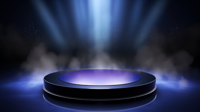 Large, circular stage with a spotlight shining on it. The stage is surrounded by smoke, giving it a dramatic and mysterious atmosphere