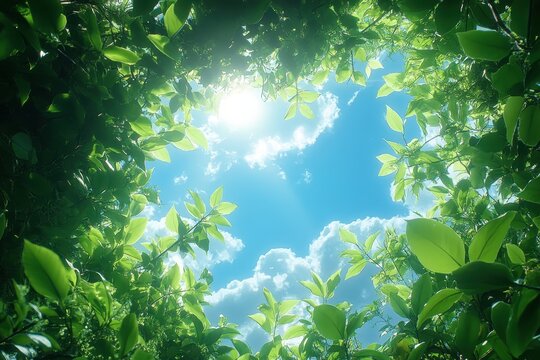 Looking up through green leaves to a bright blue sky with scattered clouds on a sunny day