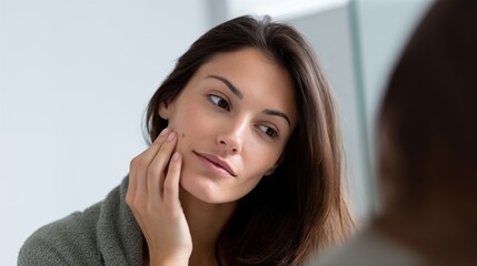 Young woman touching cheek and worrying about pimple while looking in bathroom mirror, close up skincare and dermatology