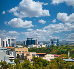 aerial view Gaborone Botswana, Main Mall, CBD, government buildings, city skyline, daytime