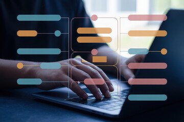 Close-up of hands typing on laptop with colorful digital timeline overlay creative technology concept