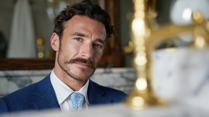 vintage grooming editorial, a stylish businessman in a navy suit, confidently adjusting his handlebar mustache in a vintage barbershop, showcases professional grooming tools and authentic pride