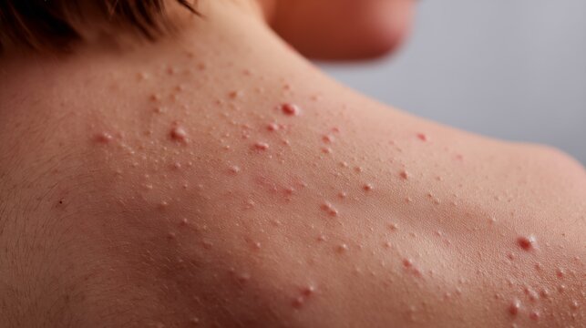 Close up of teenage back with acne and inflamed pimples, dermatology problem and skincare concept