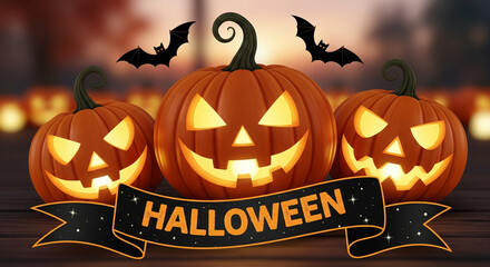 Happy Halloween Banner with Three Glowing Jack-o'-Lanterns and Spooky Bats