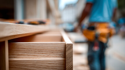 Skilled carpenter with tool belt working on assembling custom wooden drawers in a workshop or construction site using precise craftsmanship and woodworking tools