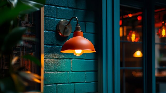 Light fixture is hanging from a wall in a restaurant. The light is on and the room is dimly lit