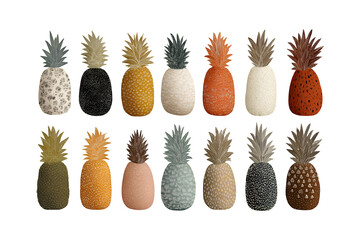 Fototapeta premium Collection of assorted miniature pineapples showcasing diverse colors and textures isolated on black isolated on transparent background