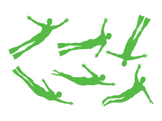 Green silhouettes of swimmers in various positions isolated on white background