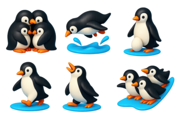 Penguin Behavior Icons. 3D icon set of penguin behaviors: huddling for warmth, diving into water, egg balancing on feet, waddling