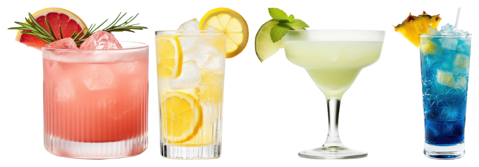 PNG Colorful refreshing cocktails with garnishes, element set on transparent background