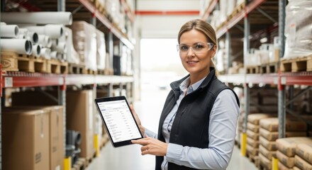 Female warehouse manager using digital tablet for inventory in industrial storage facility
