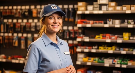 Female caucasian adult employee smiling in hardware store, wearing uniform and cap