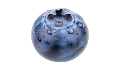 A single fresh ripe blueberry with glistening water droplets, isolated on a clean transparent background