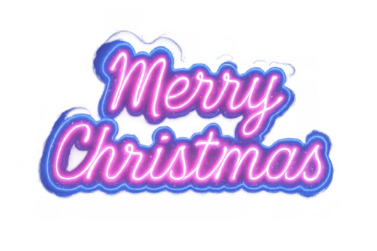 Merry christmas neon sign lettering with vibrant pink and blue glow, celebrating winter holidays and festive greetings
