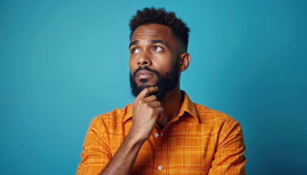 Young African American man ponders deeply touching chin. He wears orange plaid shirt looking up. Man has thoughtful facial expression against bright blue background. Copy space available.