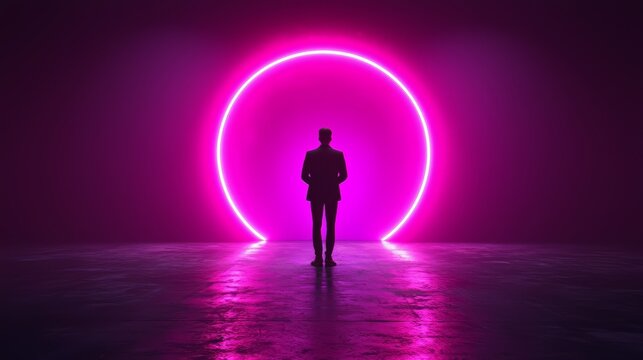Man stands in front of a large pink circle. The image has a futuristic and mysterious vibe