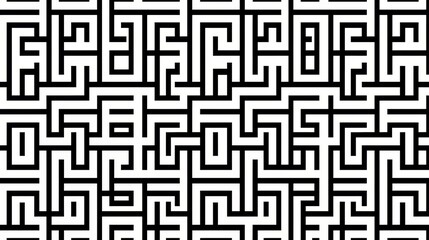 Maze with many lines and shapes. The maze is black and white. The maze is very intricate and has many twists and turns