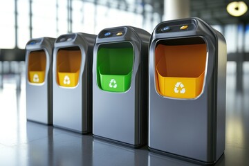 Recycling bins arranged in a modern setting with clear color coding for waste separation