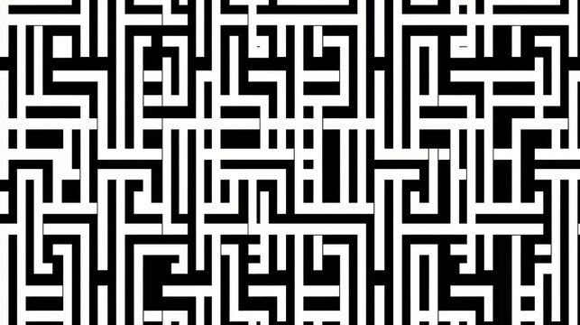 Maze with many different shapes and lines. The maze is black and white. The maze is very intricate and complex