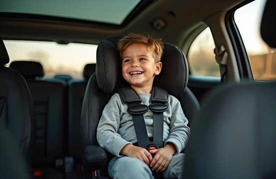 Smiling child secured in car with safety belts for secure journey. Little boy enjoys auto trip, shows happiness and comfort. Safe passenger in vehicle travels happily.