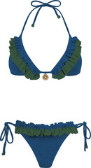 Reversible Crochet Ruffled Bikini Set Design, Emerald Green, Navy Blue, Halter Triangle Top, Tie-Side Brazilian Bottom, Luxurious Bohemian Summer Swimwear Vector Isolated.