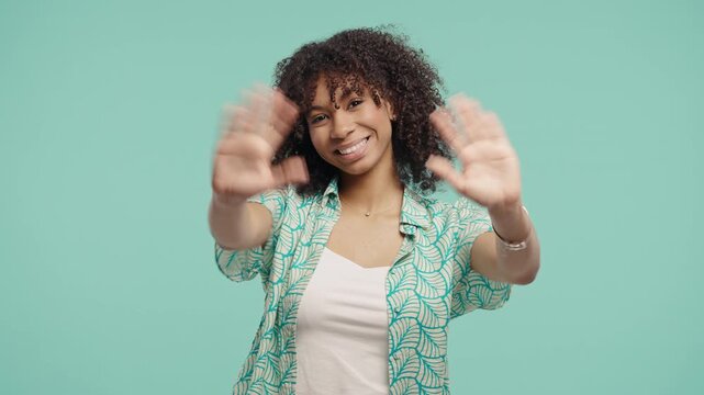 Curly Woman Waving Hand - Hello, Salute, Chao, Adios. Parting, Say Bye To Camera
