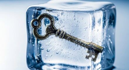 Antique key encased in clear ice cube with bubbles on blue background
