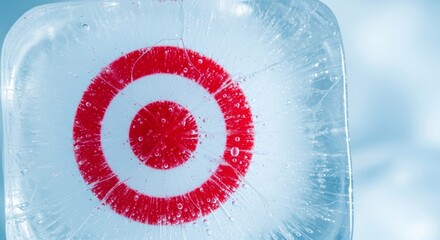 Frozen red target symbol on glass surface with cracks and ice formation