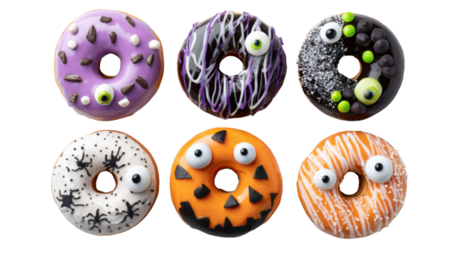 Colorful Halloween donuts decorated with spooky monster eyes spider webs and icing representing festive dessert and sweet holiday celebration on white background