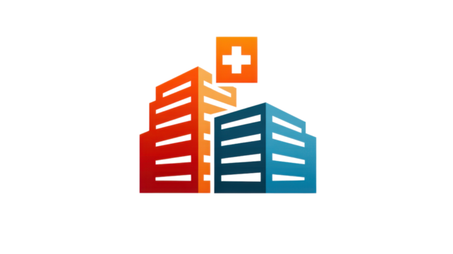 Modern medical building logo with blue and orange gradient color design representing hospital healthcare and professional clinic branding concept on white background